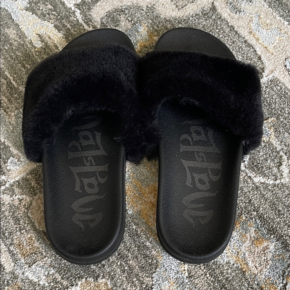 Mad Love Black Faux Fur Slide Sandals for Women